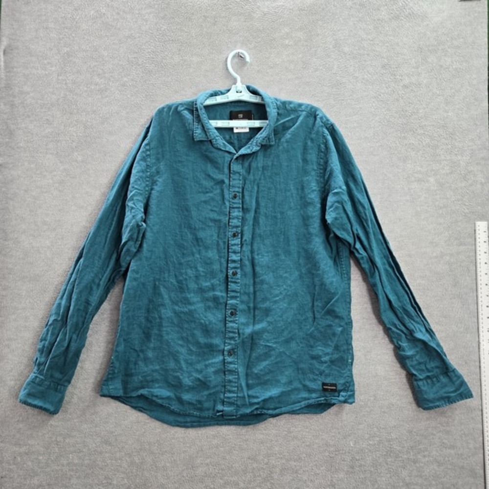 Scotch & Soda Men Button Up Shirt 2XL Blue 100% Linen Long Sleeve Collar